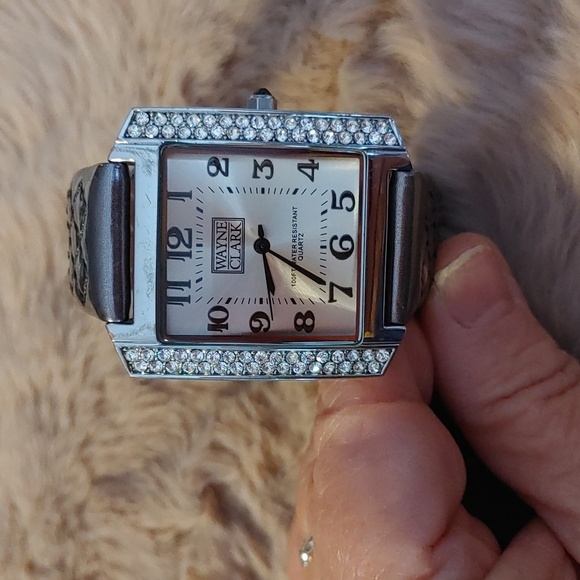 Vintage Wayne Clark Quartz Square Face Watch with Crystals and Leather Strap - Picture 1 of 13